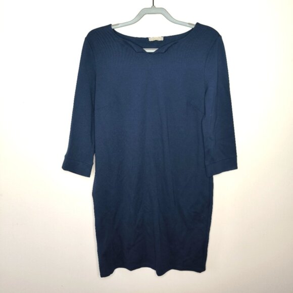 Blue Mini Sheath Dress with Crew Neck and Cuffed Sleeves - Picture 1 of 10